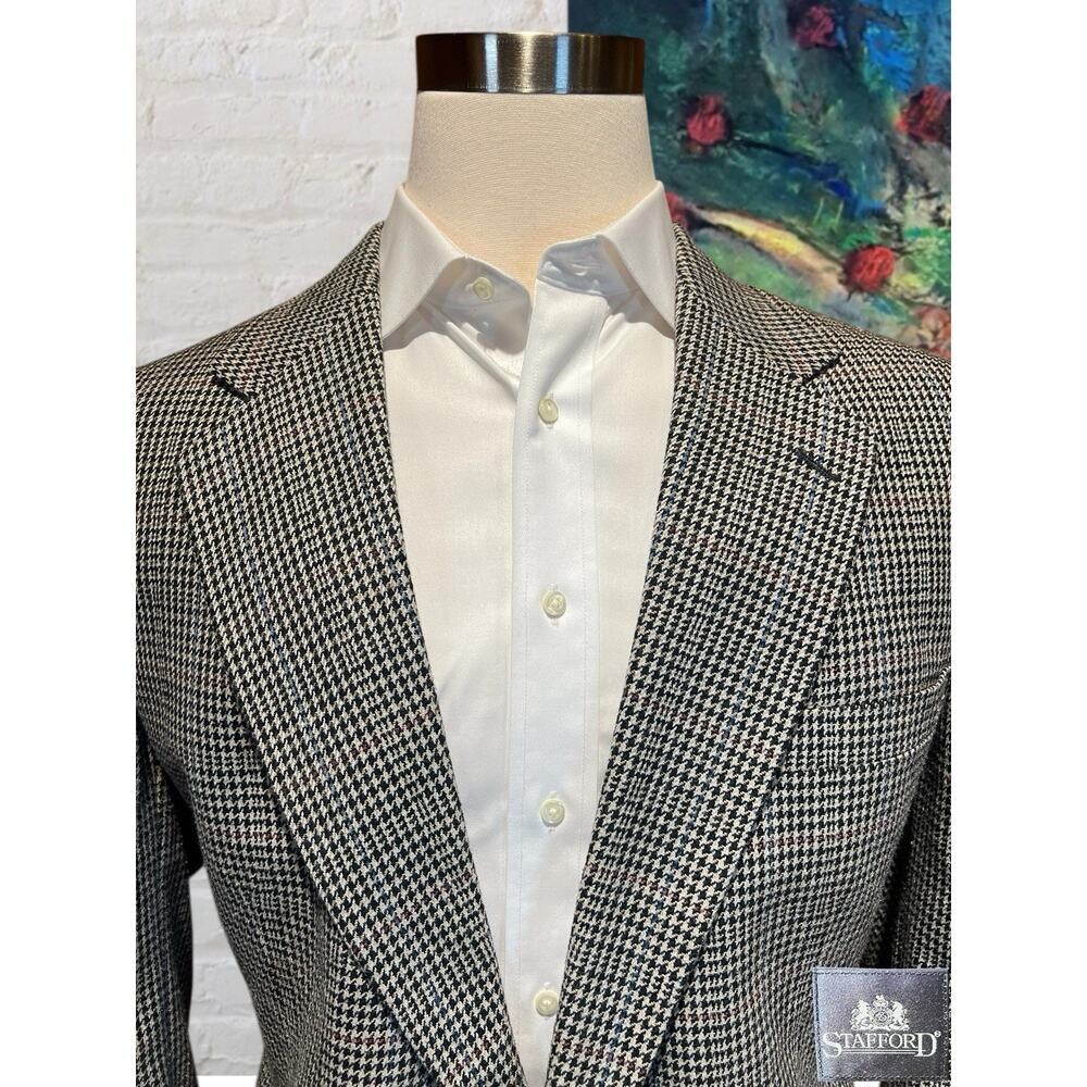 Stafford Mens 46R Black Beige Burgundy Houndstooth Plaid Blazer Sport Jacket - Picture 3 of 16